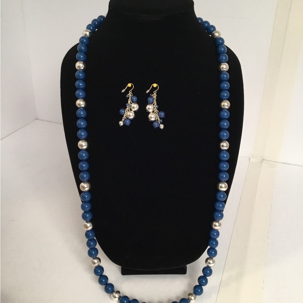 Vintage Signed ROMAN blue and silver beaded necklace 35” with matching earrings